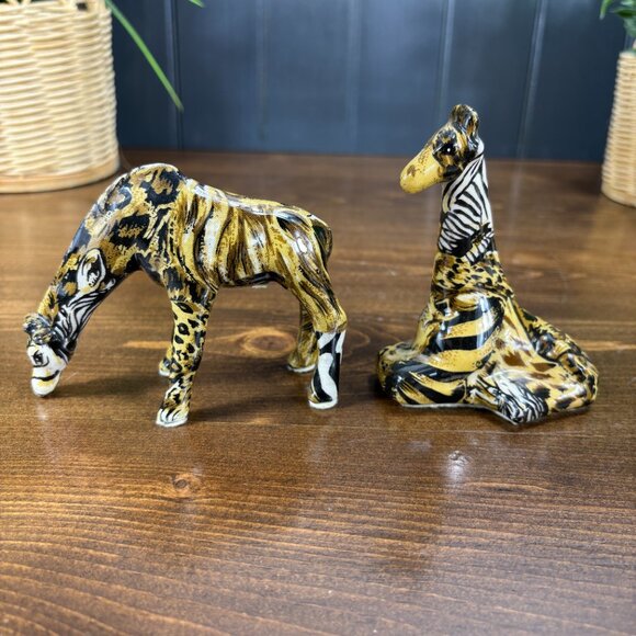 Pair of Vintage Giraffe Figurines in Animal Print Decoupage Safari Shelf Decor - Picture 3 of 15